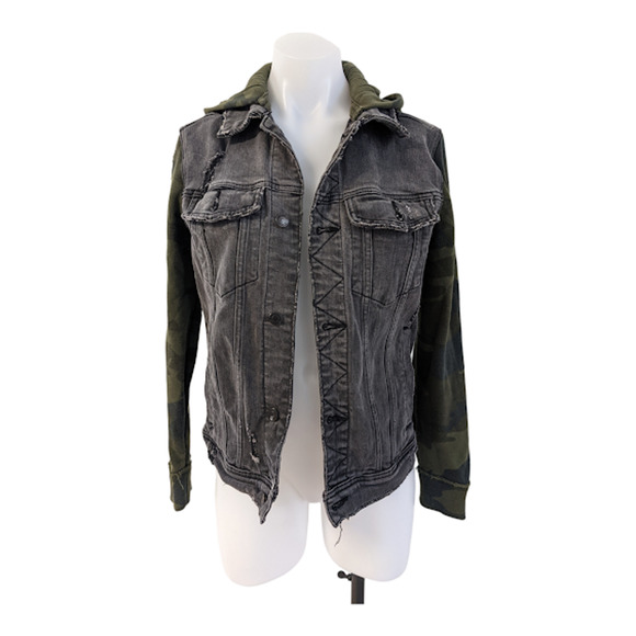 Hollister Size XS Hooded Denim Jean Jacket Black Camo Sleeves Distressed Pockets - Picture 1 of 8